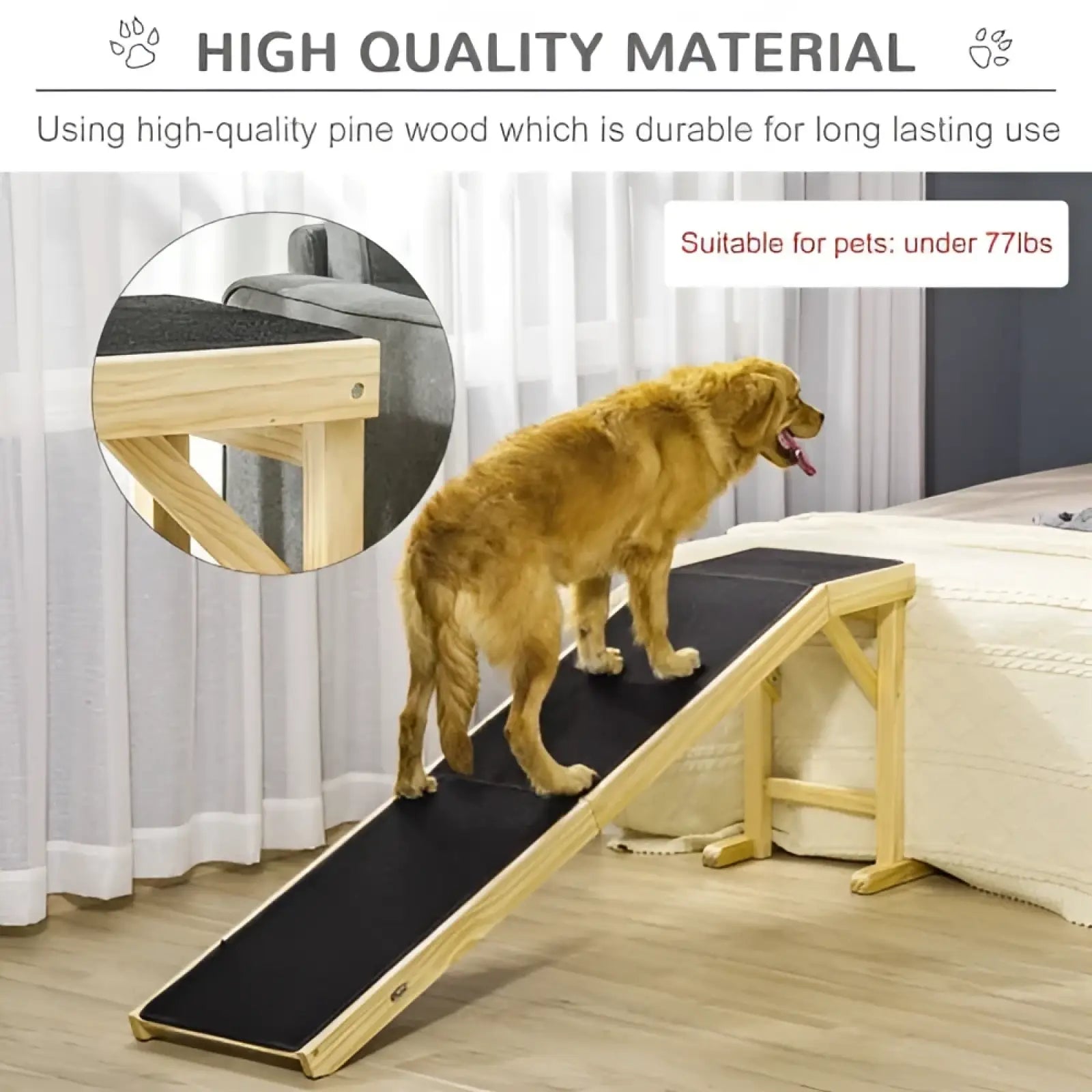A sturdy wooden pet ramp with a black non-slip surface for dogs under 77lbs designed for bed access