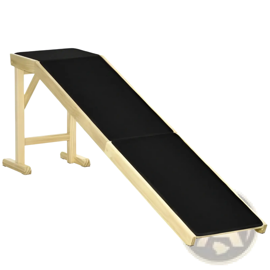 Black fabric-covered wooden pet ramp with light wood frame and non-slip carpet platform for bed access shown from back side