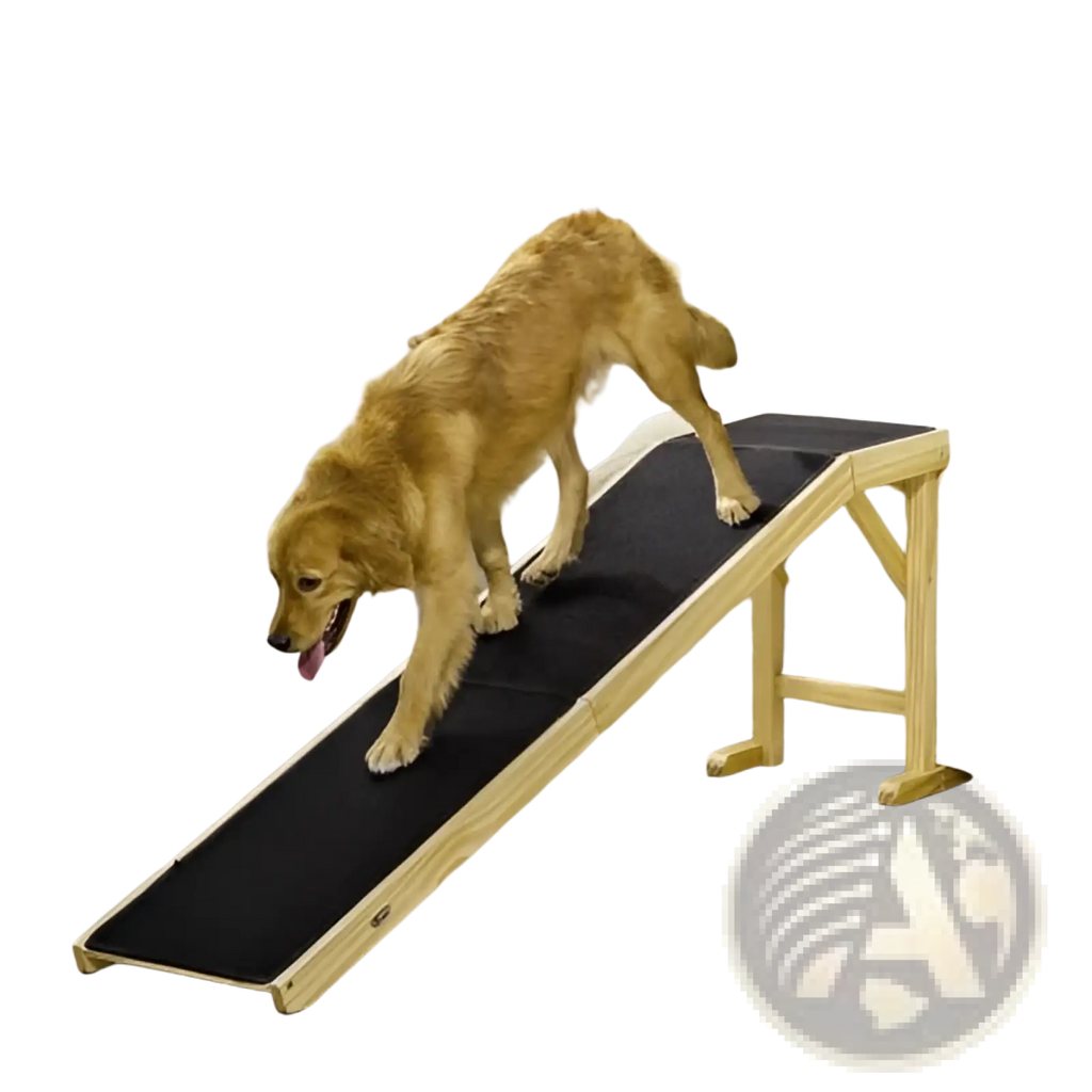 Golden retriever dog climbing a wooden pet ramp for bed with black non-slip carpet platform and light wood frame