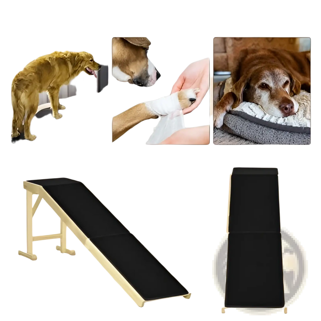 Black padded pet stair with light wood frame featuring non-slip carpet platform for bed access and pet safety