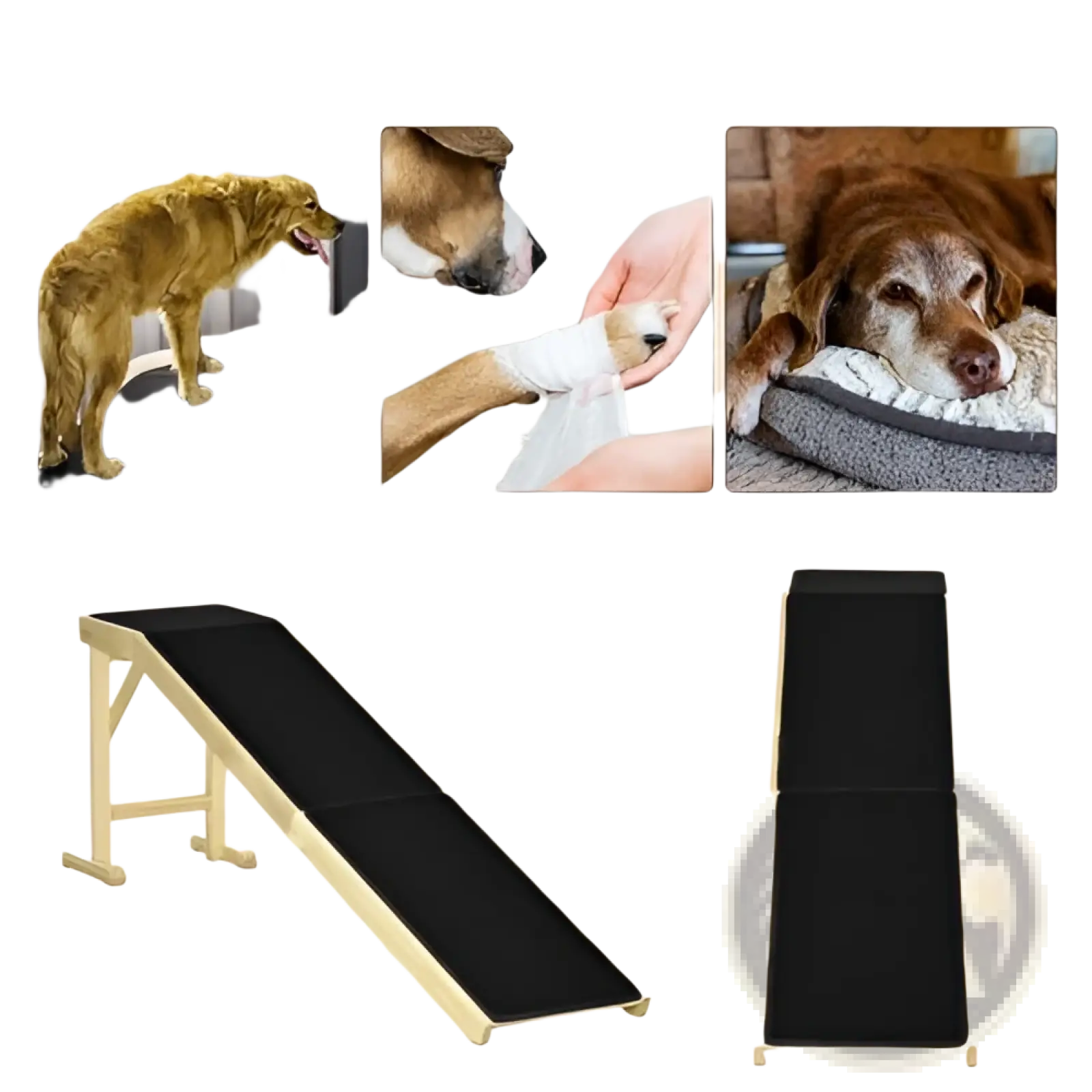 Black padded pet stair with light wood frame featuring non-slip carpet platform for bed access and pet safety