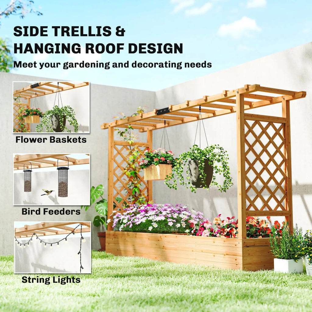Light brown wooden planter box with lattice trellis sides and hanging roof design for garden use