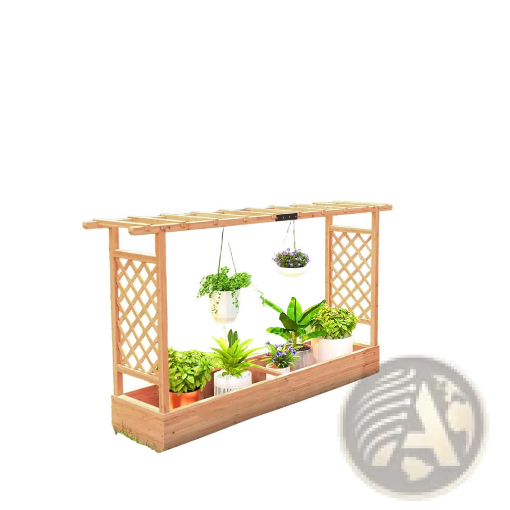 Light brown wooden planter box with trellis and hanging roof featuring a lattice design for garden use