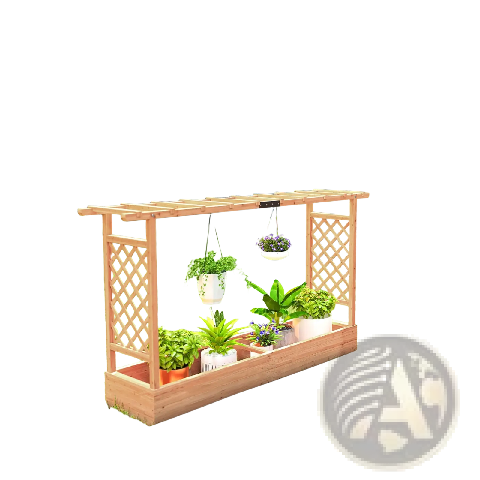 Light brown wooden planter box with trellis and hanging roof featuring a lattice design for garden use