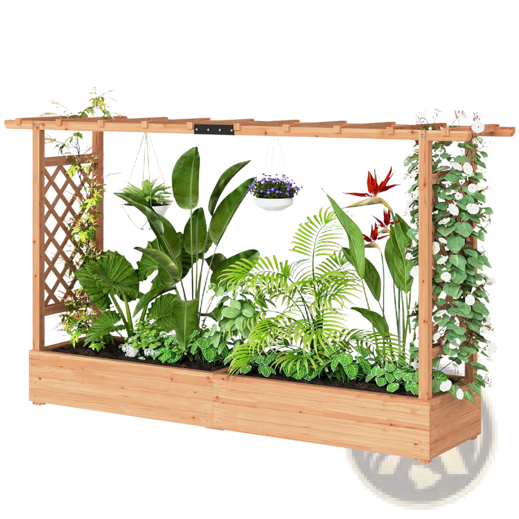 Light brown wooden planter box with trellis and lattice sides filled with green plants and hanging flower pots