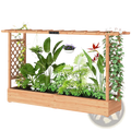 Light brown wooden planter box with trellis and lattice sides filled with green plants and hanging flower pots