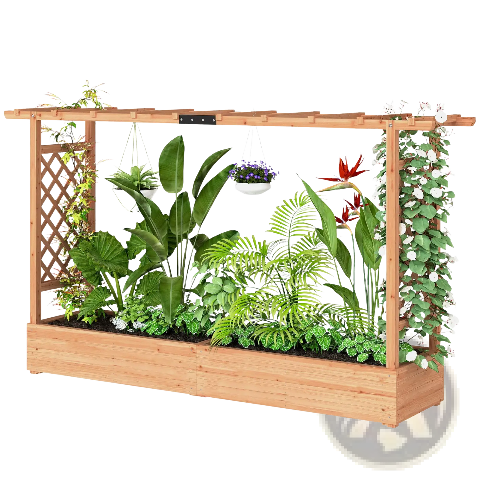Light brown wooden planter box with trellis and lattice sides filled with green plants and hanging flower pots