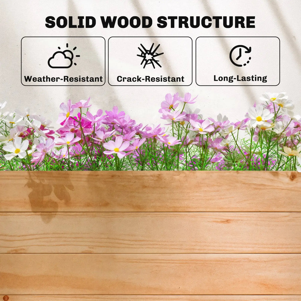 A light-colored wooden planter box with trellis and hanging roof made from weather-resistant natural wood grain