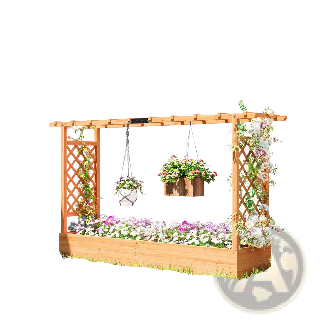 Wooden planter box with trellis and hanging roof featuring a lattice design with climbing flowers and hanging planters