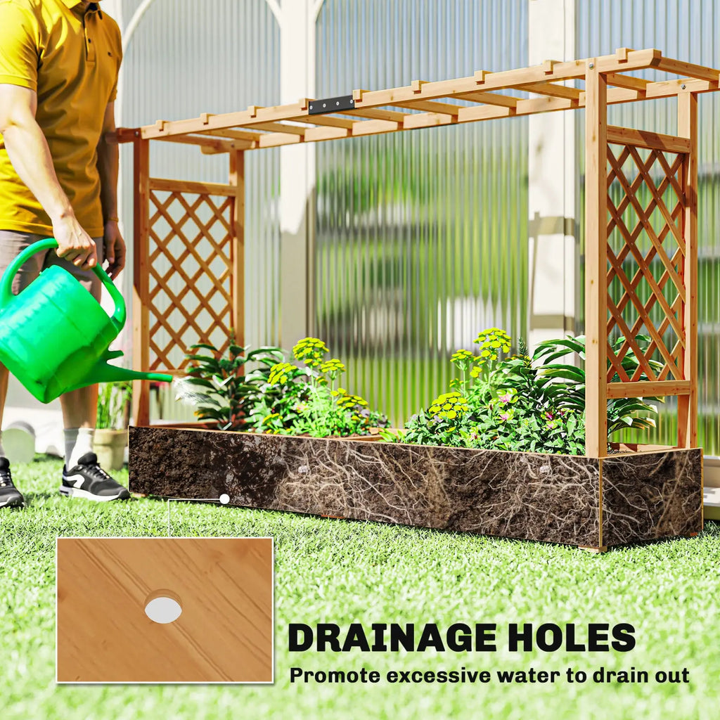 Wooden planter box with trellis featuring a lattice design and marble-patterned raised bed base for gardens