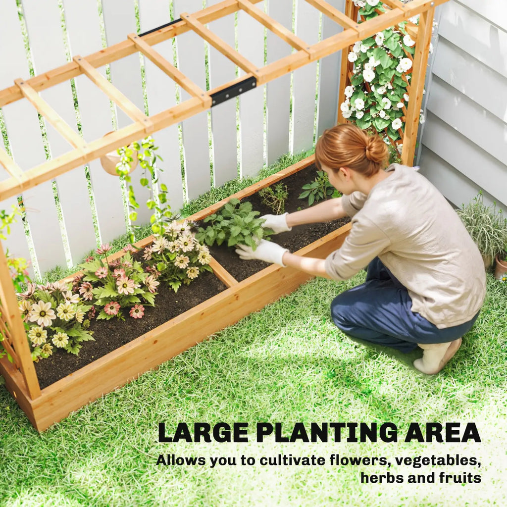 Wooden planter box with trellis and hanging roof in natural wood color featuring multiple planting sections