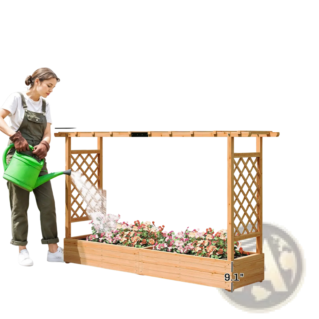 Light brown wooden planter box with trellis and lattice sides filled with pink flowers and a hanging roof