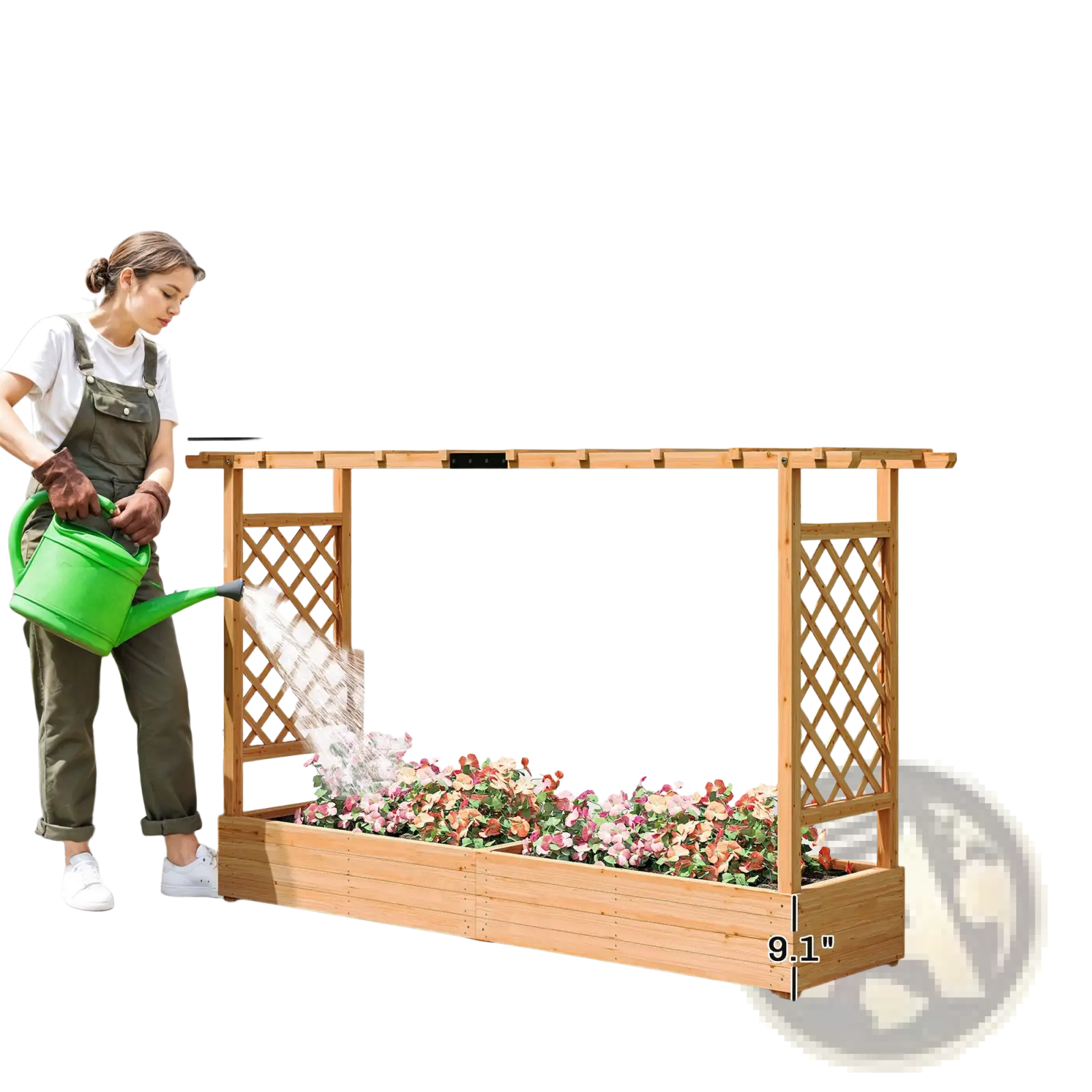 Light brown wooden planter box with trellis and lattice sides filled with pink flowers and a hanging roof