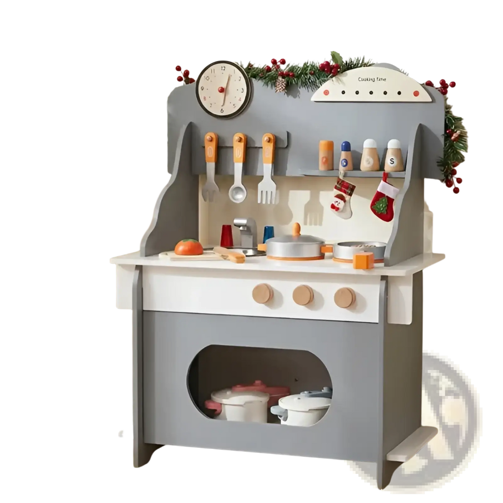 Gray wooden play kitchen set with white countertop beige accents festive garland clock utensils and toy cookware