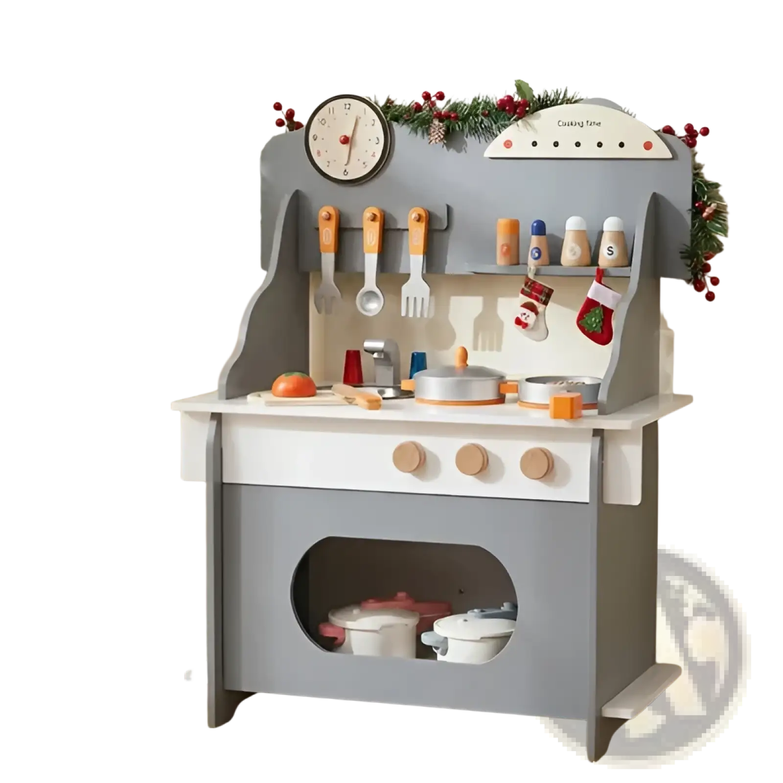 Gray wooden play kitchen set with white countertop beige accents festive garland clock utensils and toy cookware