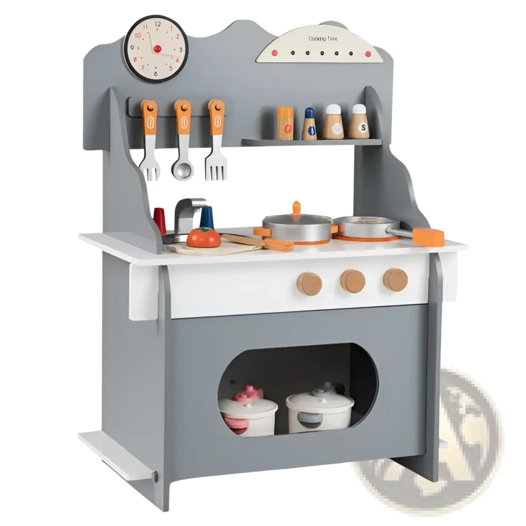 Gray wooden play kitchen set with white countertop, orange utensils, and clock above the sink area for kids