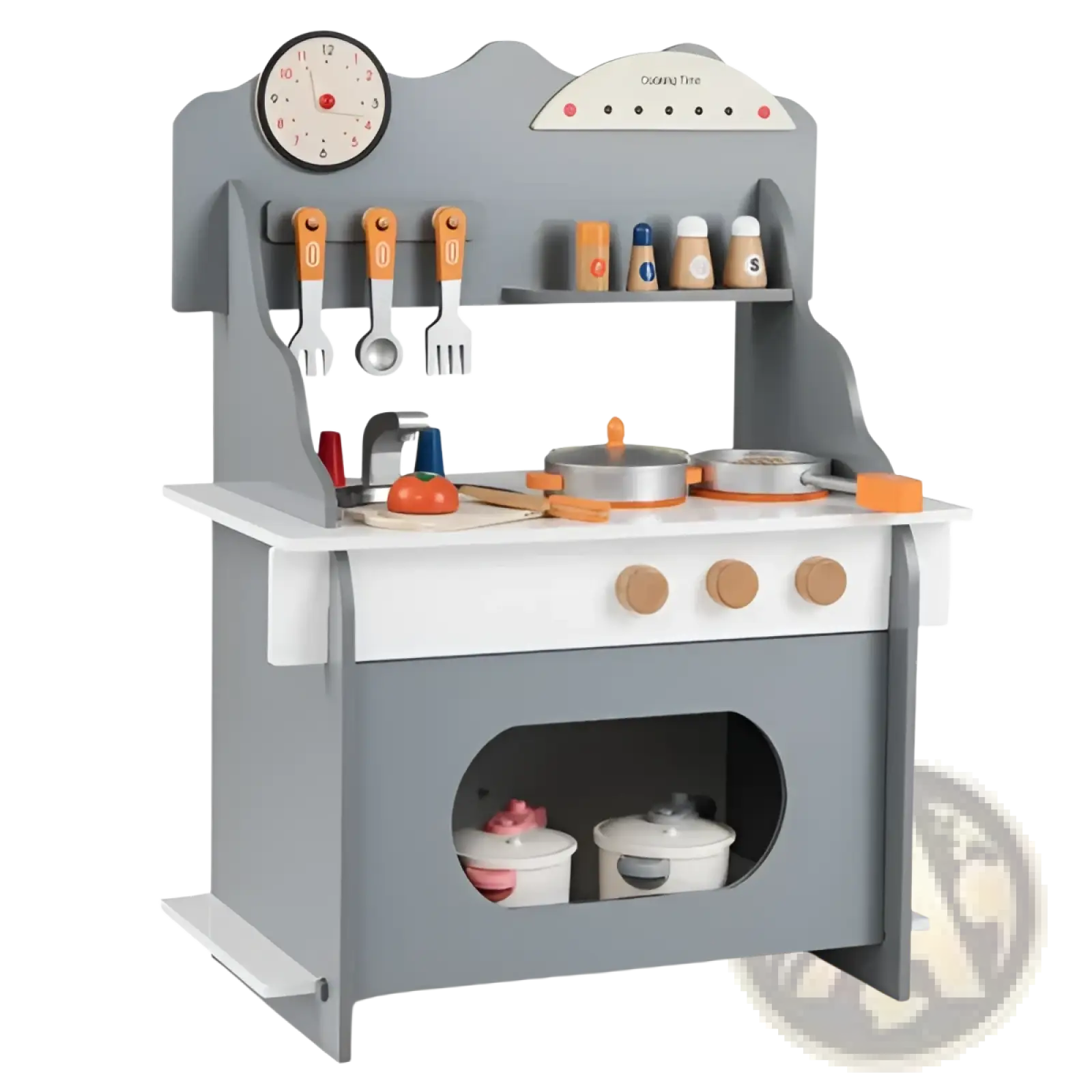 Gray wooden play kitchen set with white countertop, orange utensils, and clock above the sink area for kids