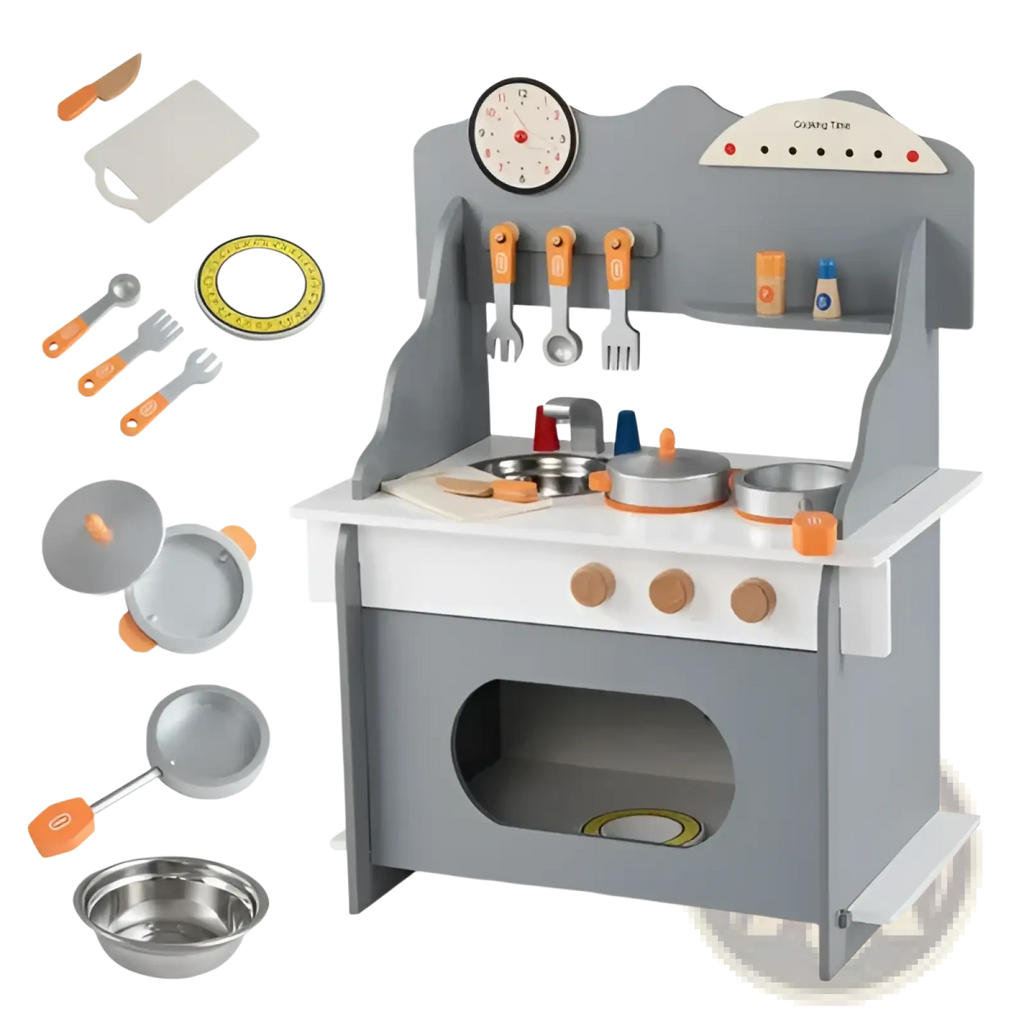 Gray wooden play kitchen set with sink, orange-handled utensils, and stainless steel pots pans and bowls