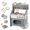 Gray wooden play kitchen set with sink, orange-handled utensils, and stainless steel pots pans and bowls