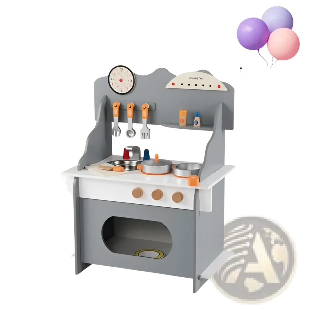Wooden play kitchen set with gray wood, white countertop, and orange utensils for imaginative children’s play