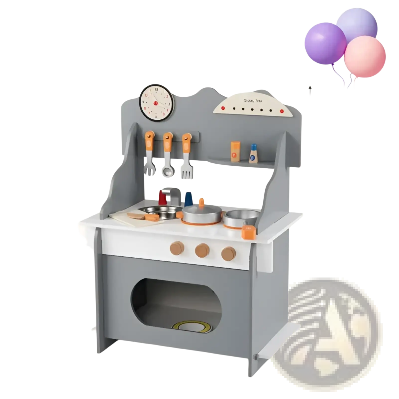 Wooden play kitchen set with gray wood, white countertop, and orange utensils for imaginative children’s play