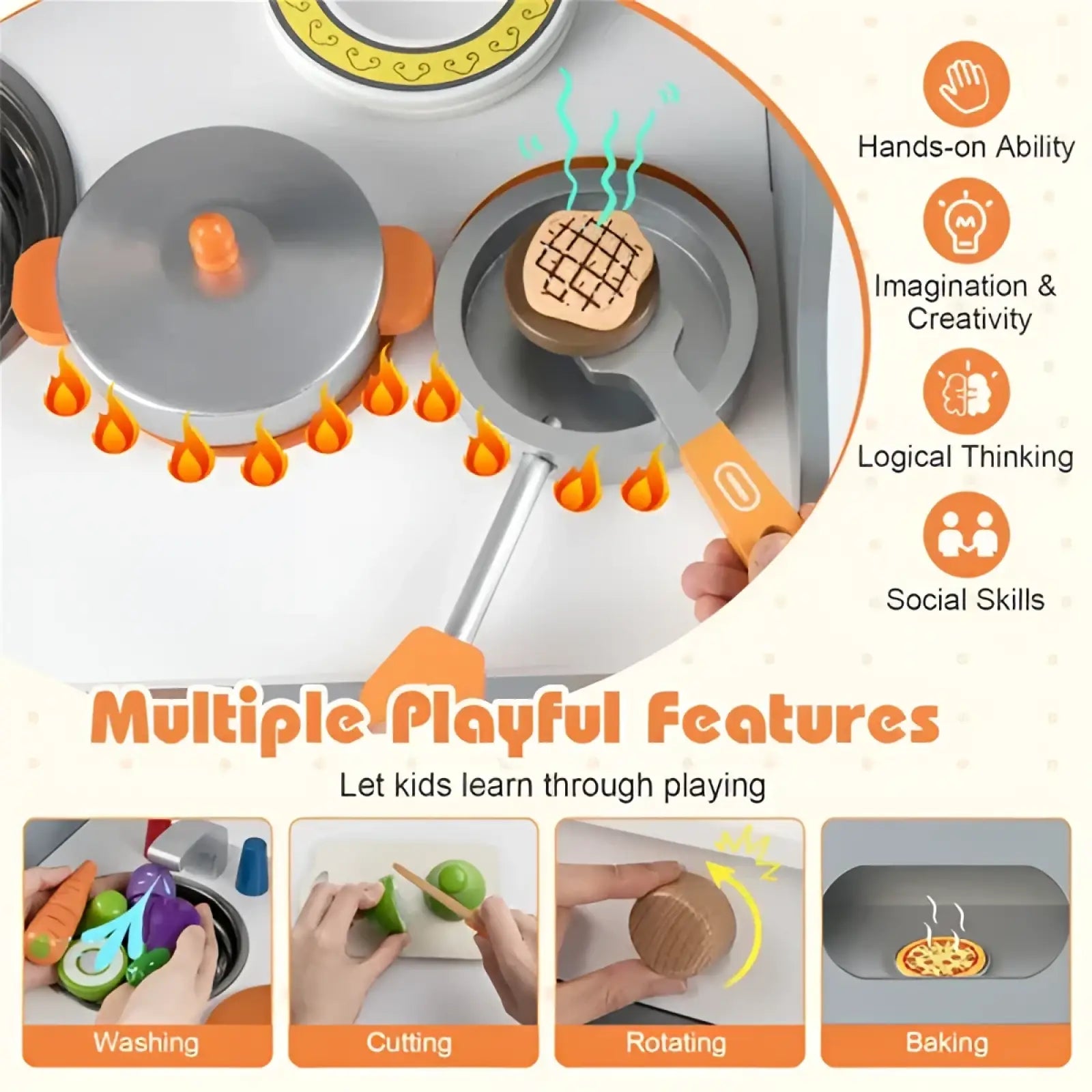 Wooden play kitchen set with sink and accessories featuring a wooden toy pancake with grid pattern cooked on an orange spatula