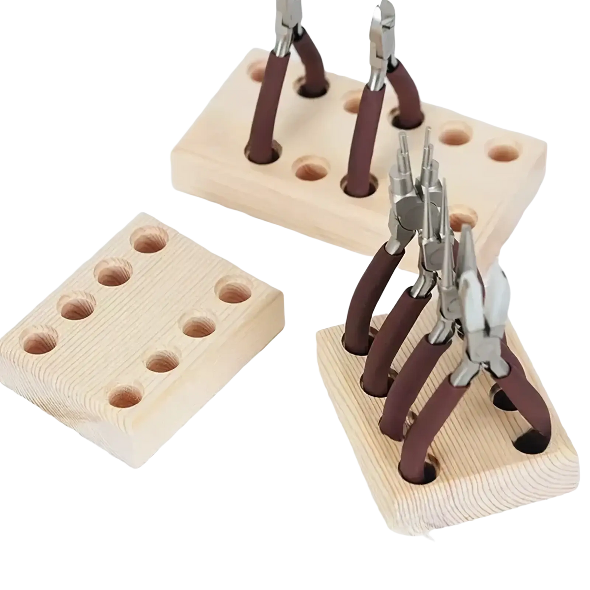 Wooden pliers holder pegboard tool organizer in light wood holding multiple brown-handled metallic pliers