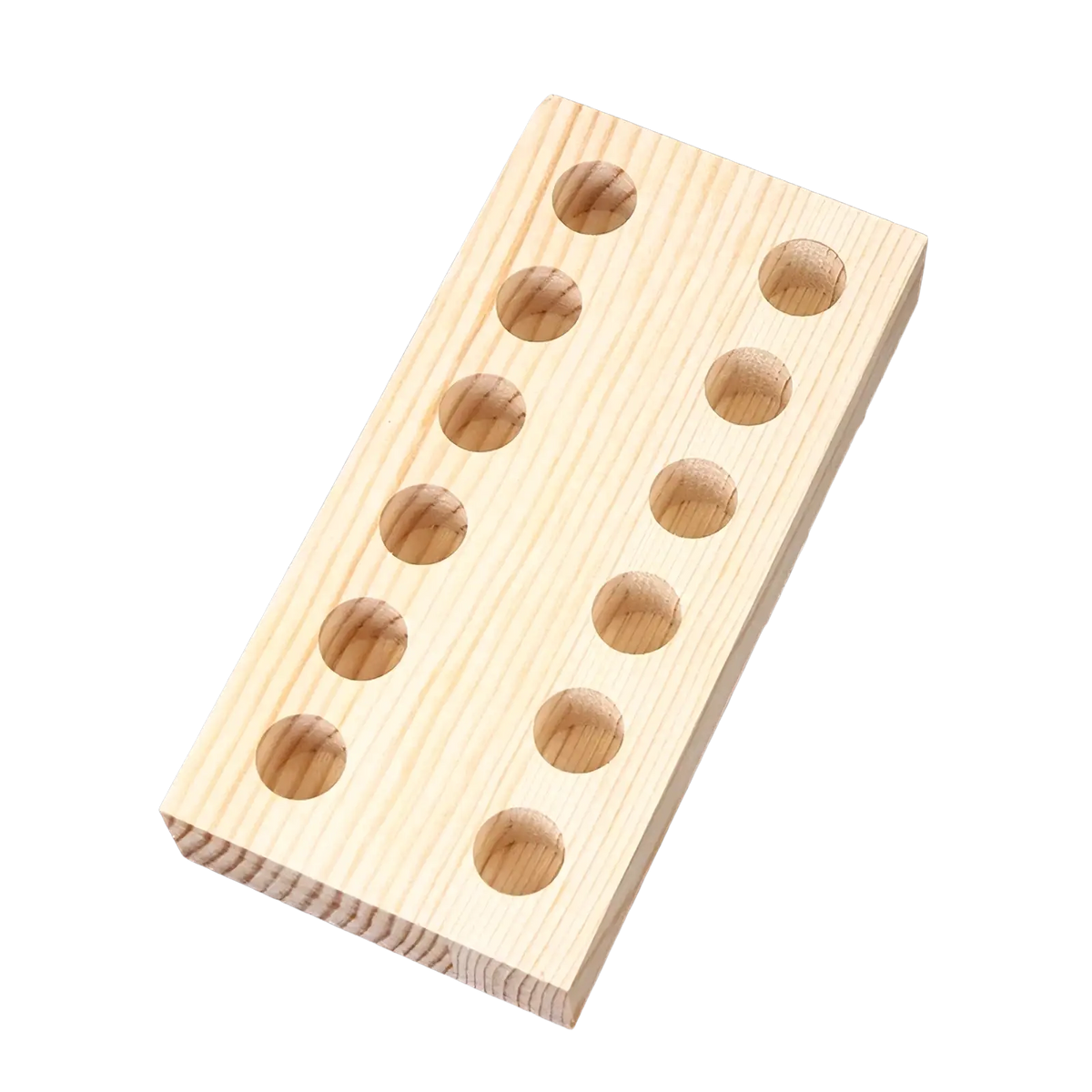 Light-colored wooden pliers holder pegboard with evenly spaced circular holes for tool organization