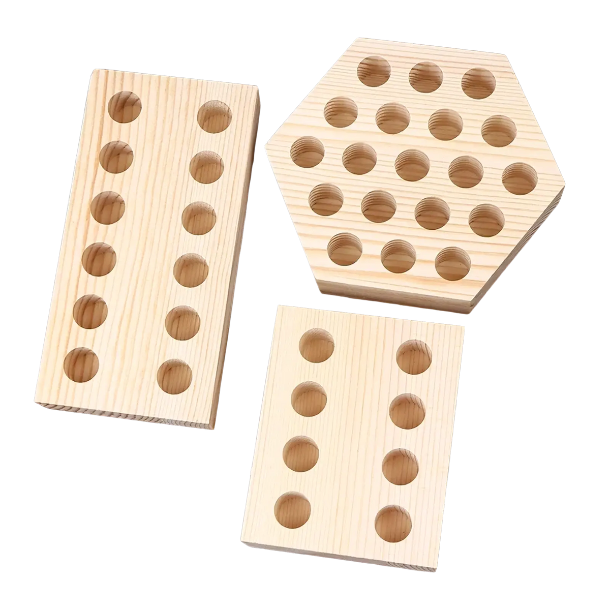 Light-colored wooden pliers holder pegboard tool organizer with circular cutouts in rectangular and hexagonal shapes