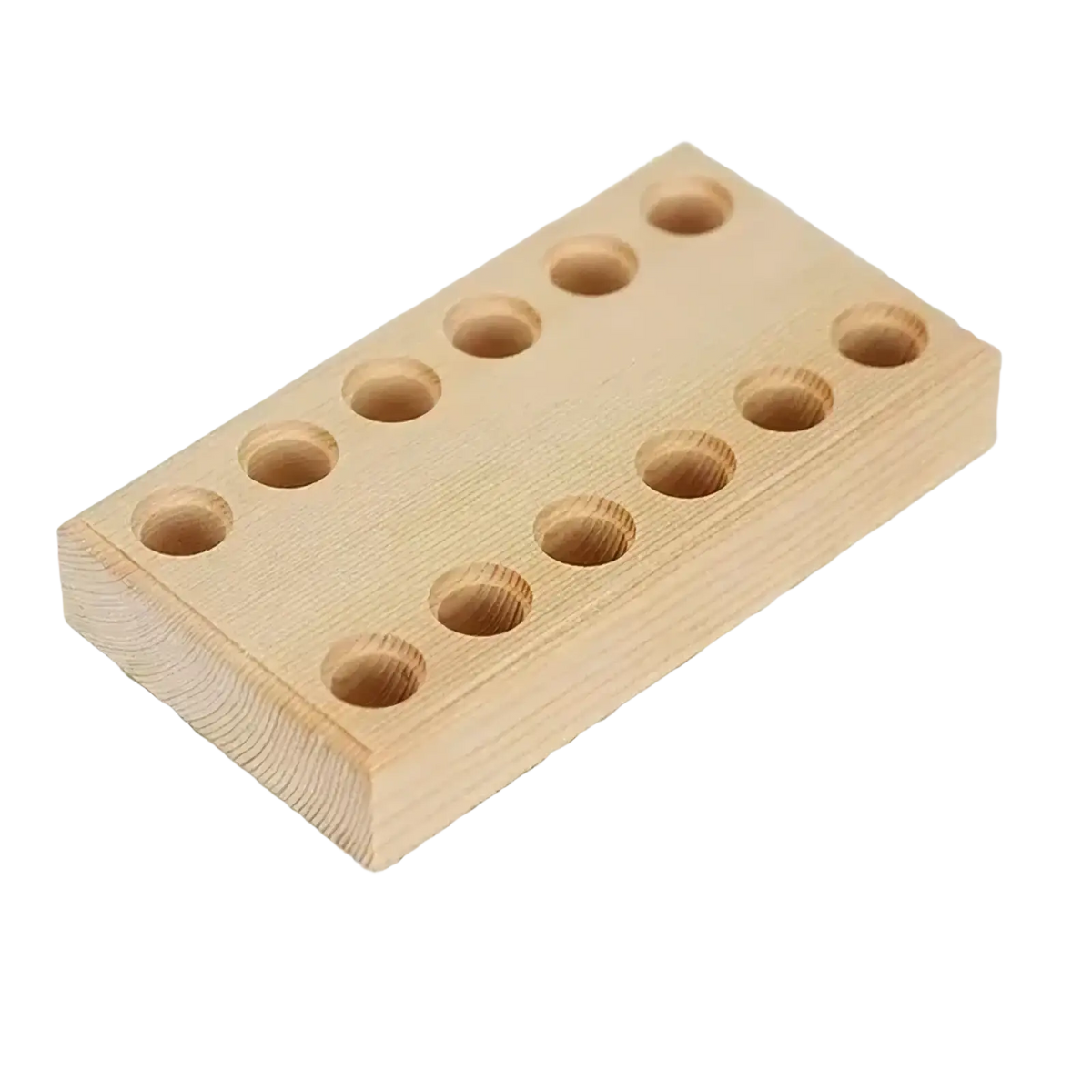 Light-colored wooden pliers holder with ten circular indentations for pegboard tool organization