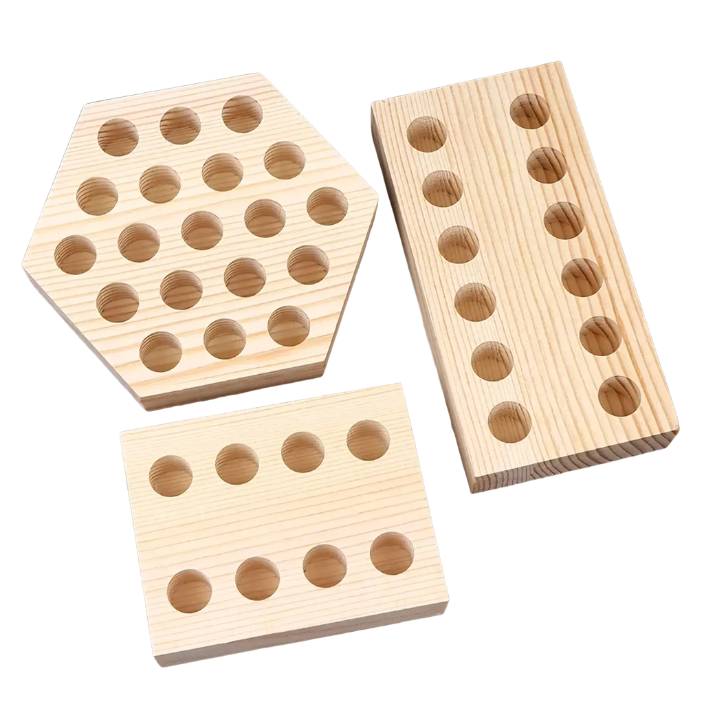 Wooden pliers holder pegboard tool organizer with three light wood pencil holders in hexagonal and rectangular shapes