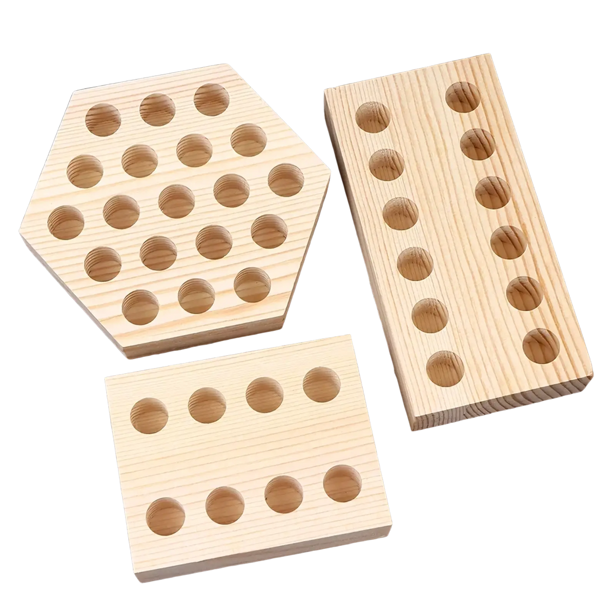 Wooden pliers holder pegboard tool organizer with three light wood pencil holders in hexagonal and rectangular shapes