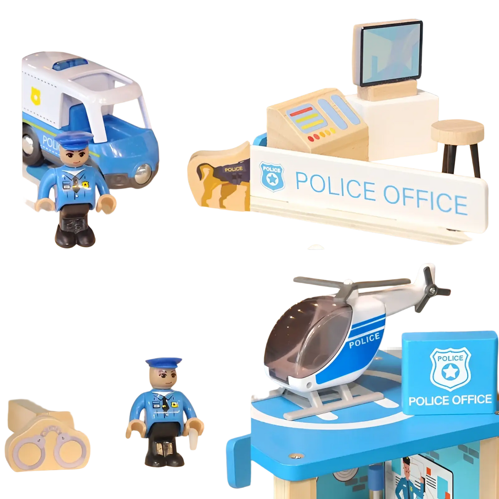 Wooden blue and white police and fire station playset with detailed miniature furniture vehicles and officer figures for kids
