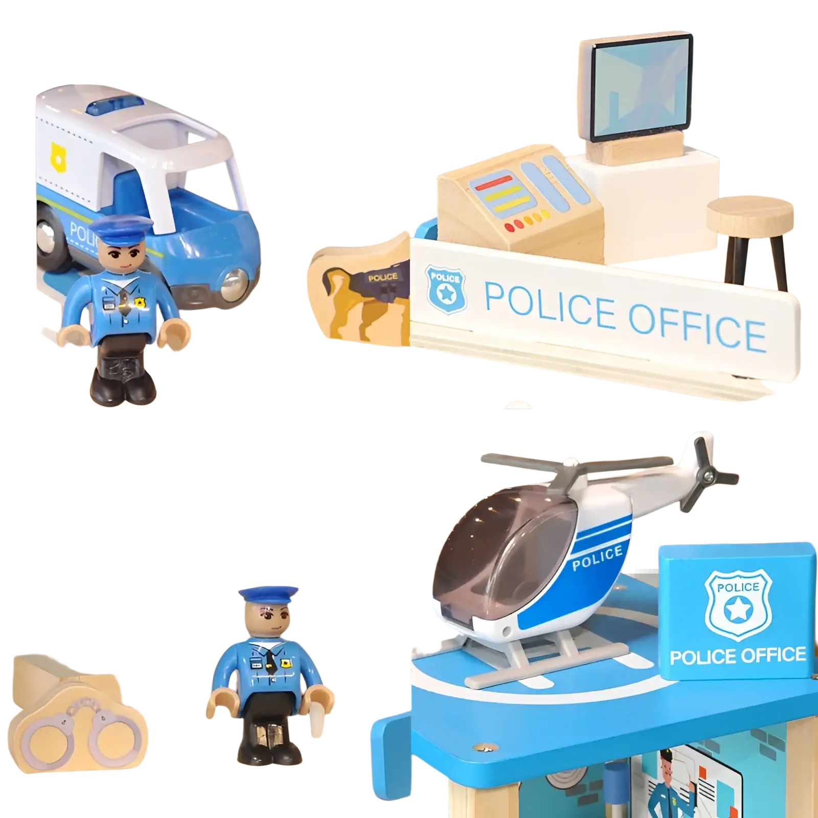 Wooden blue and white police and fire station playset with detailed miniature furniture vehicles and officer figures for kids