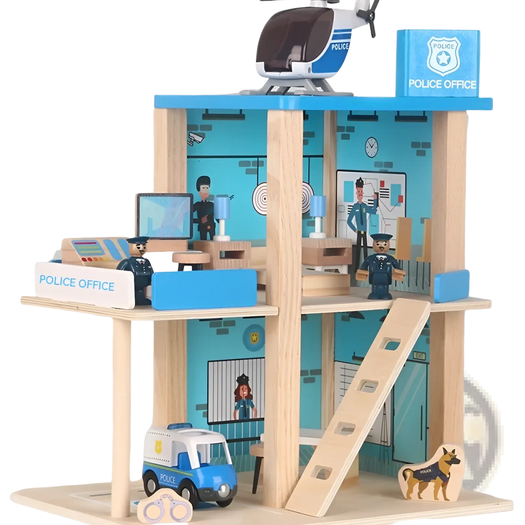 Blue and white wooden police and fire station playset for kids with detailed interior, miniature officers, helicopter, and accessories