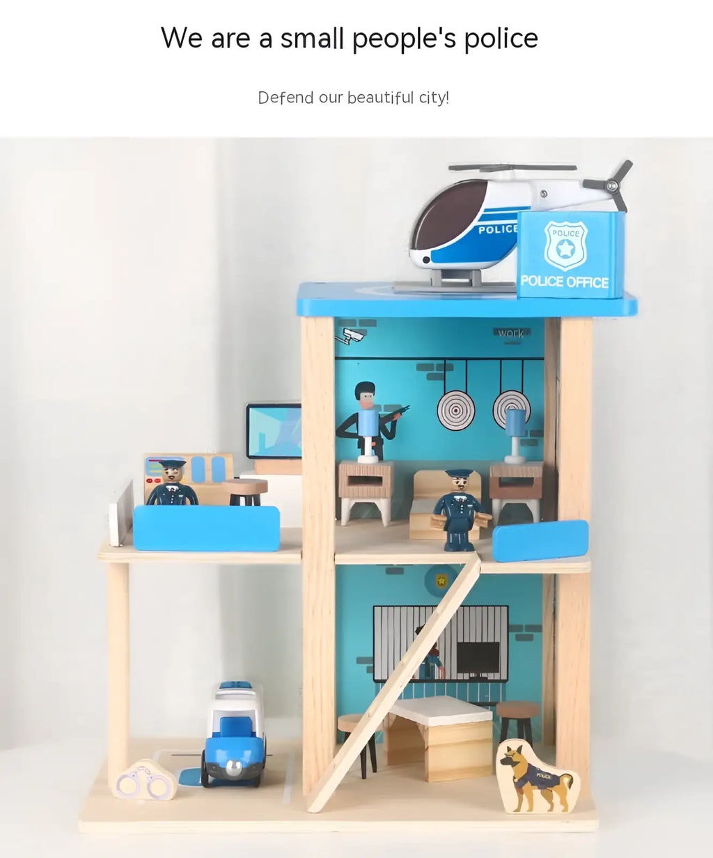 Wooden blue and white police and fire station playset with miniature officers, helicopter on roof, and patrol car at base