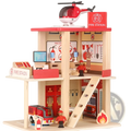 Wooden police and fire station playset for kids featuring red and natural wood two-story fire station with helicopter and firefighter figures