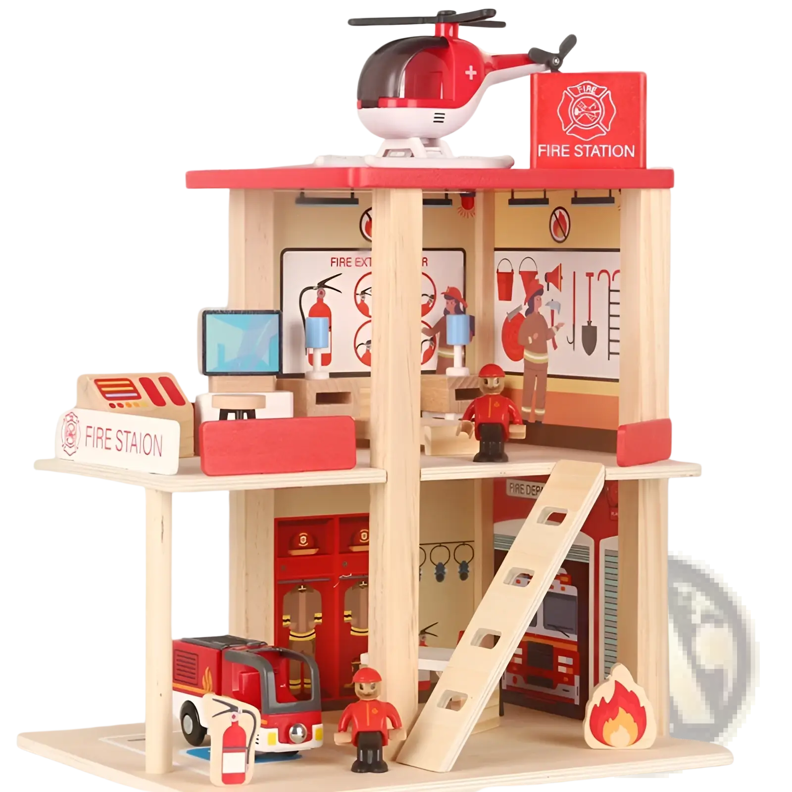 Wooden police and fire station playset for kids featuring red and natural wood two-story fire station with helicopter and firefighter figures