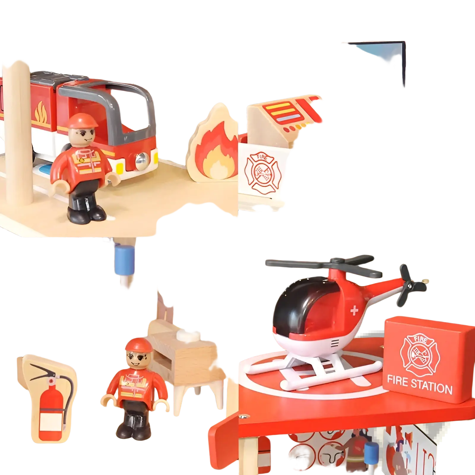 Wooden police and fire station playset in red and white with firefighter figurines helicopter and detailed interior furnishings