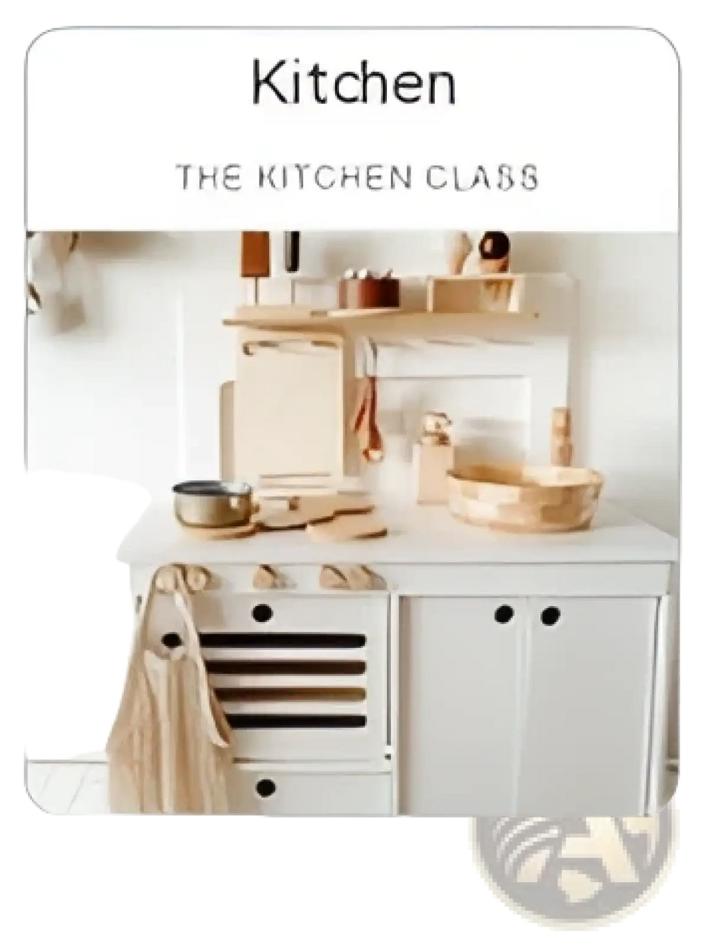 White kitchen cabinet with wooden shelves and black round knobs in wooden police and fire station playset for kids