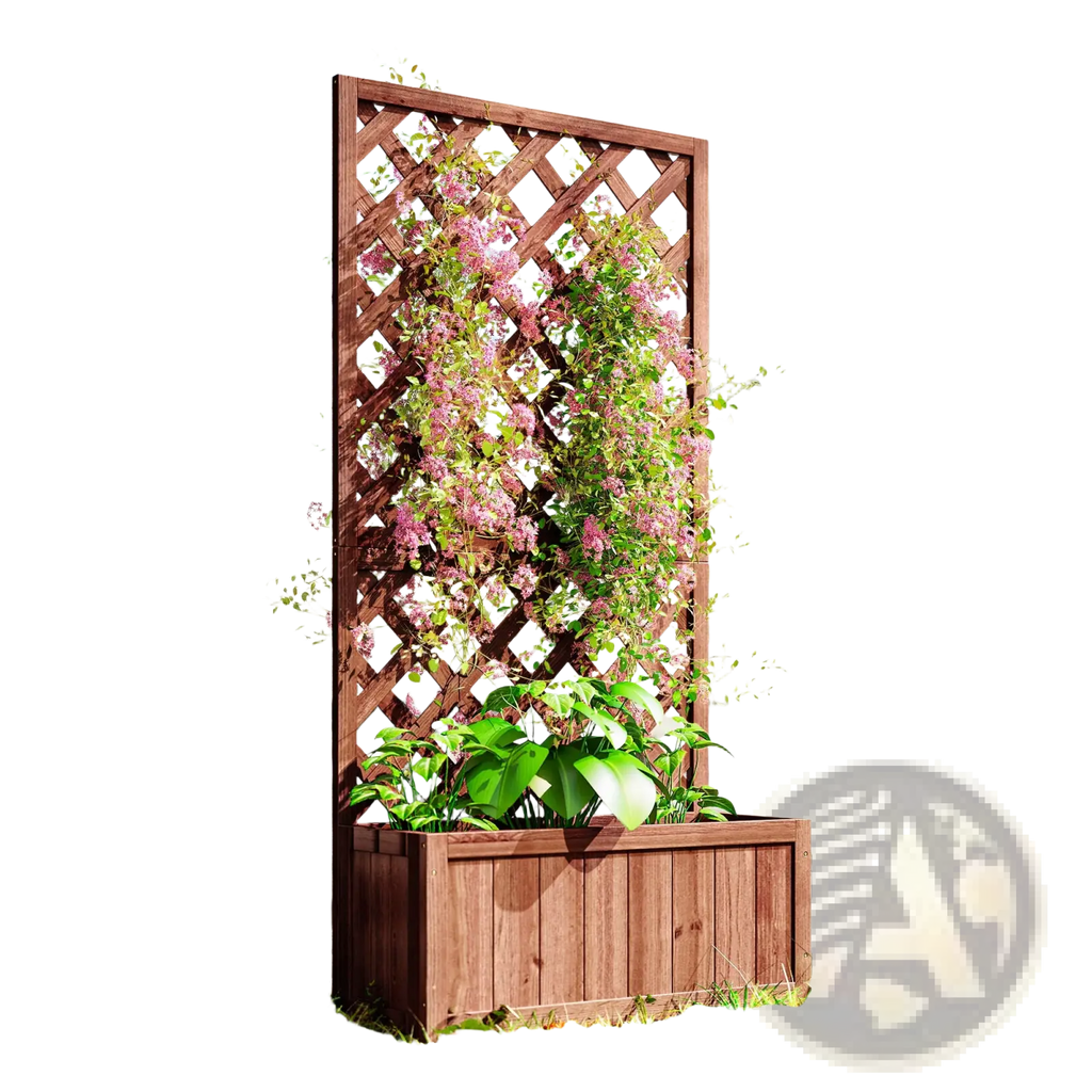 Brown wooden raised garden bed with diamond lattice trellis planter box featuring pink climbing vines