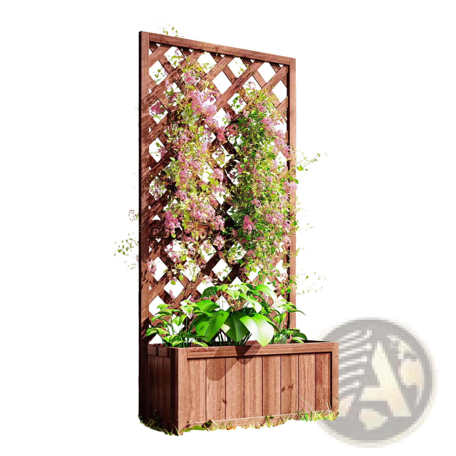 Brown wooden raised garden bed with diamond lattice trellis planter box featuring pink climbing vines
