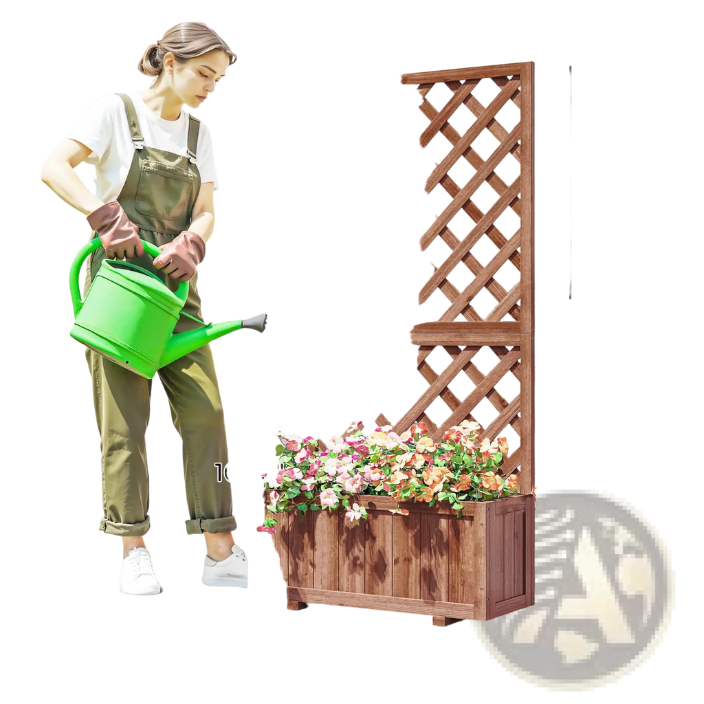 Brown wooden raised garden bed with trellis planter box featuring lattice design and built-in flower box