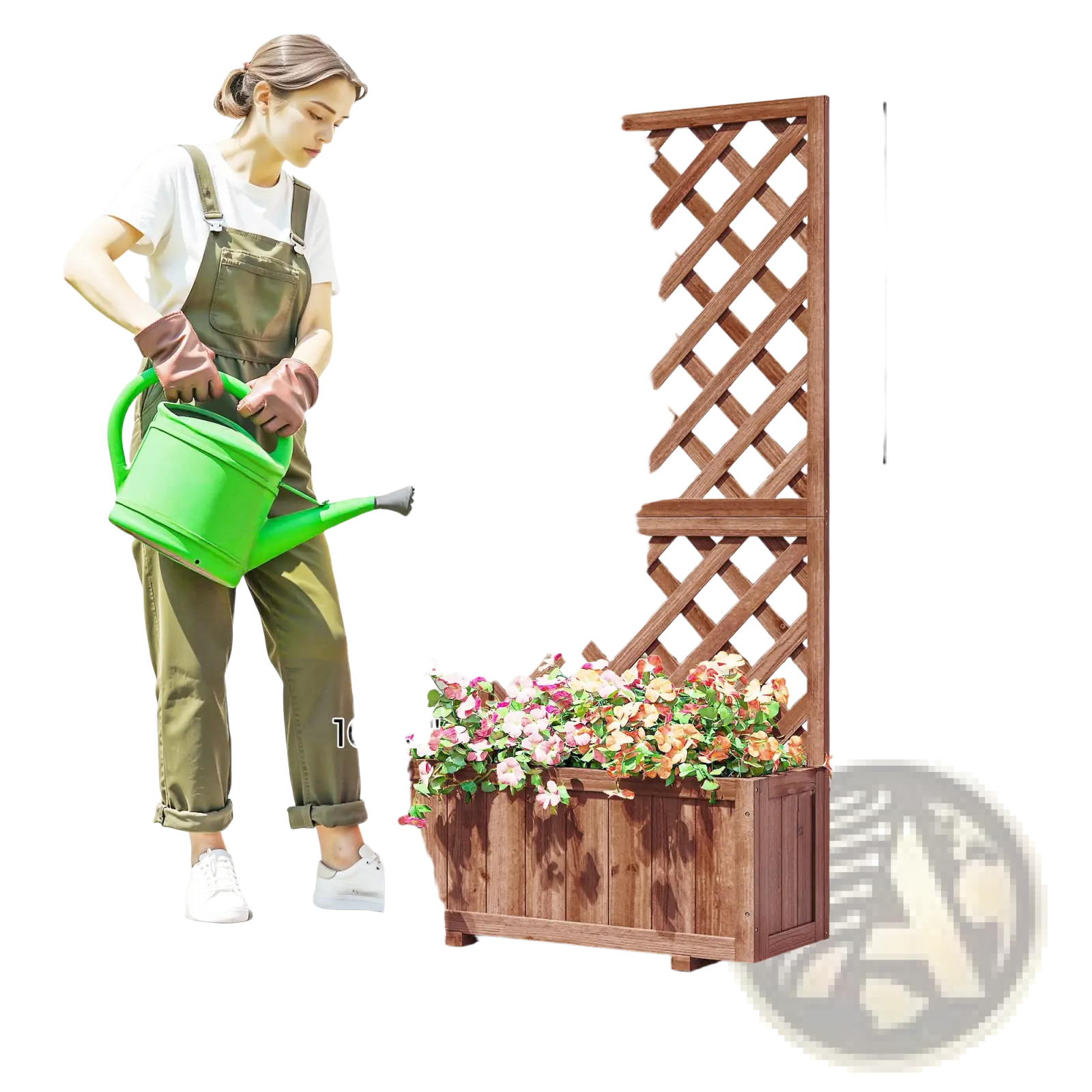 Brown wooden raised garden bed with trellis planter box featuring lattice design and built-in flower box