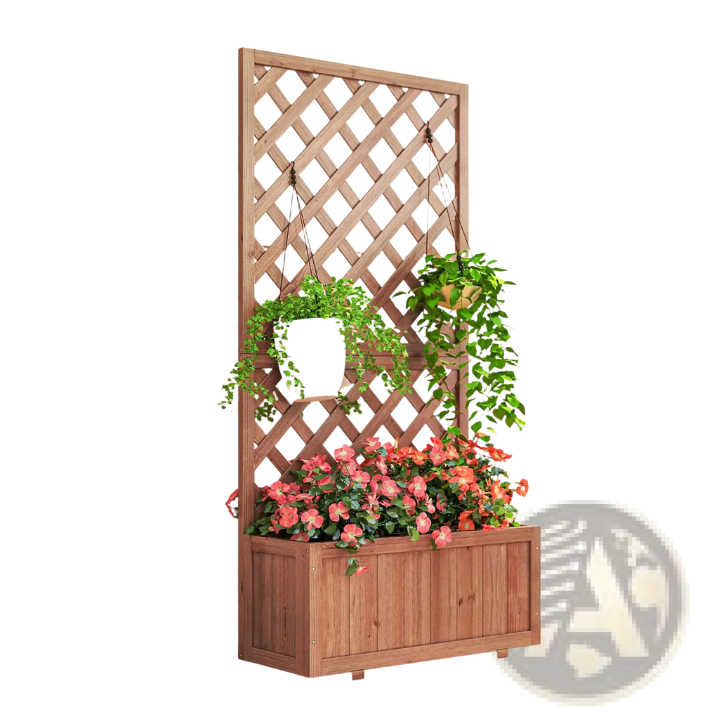 Brown wooden raised garden bed with lattice trellis planter box filled with pink flowers and two hanging white pots