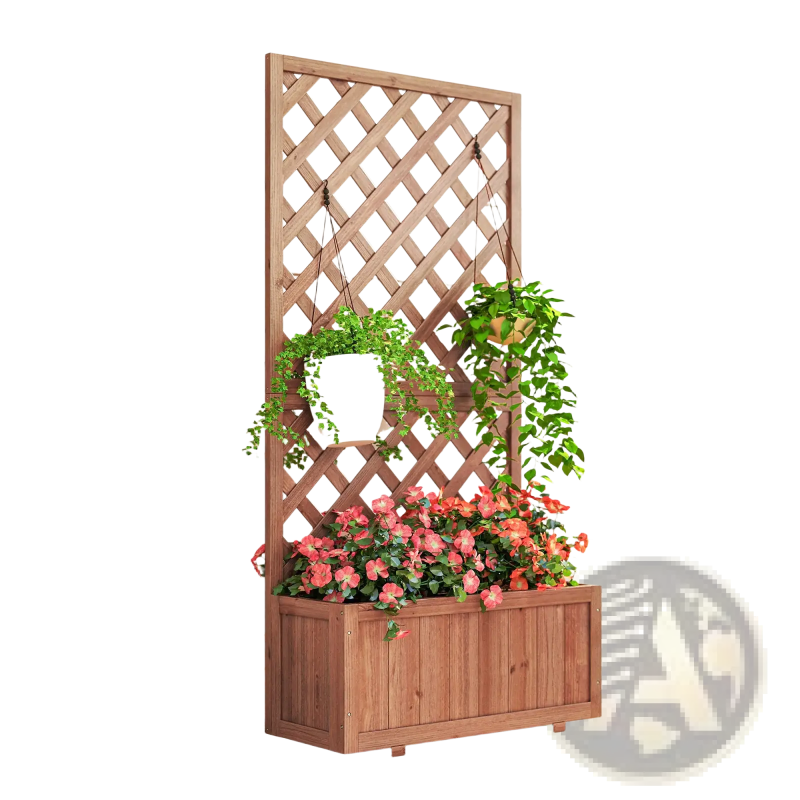 Brown wooden raised garden bed with lattice trellis planter box filled with pink flowers and two hanging white pots