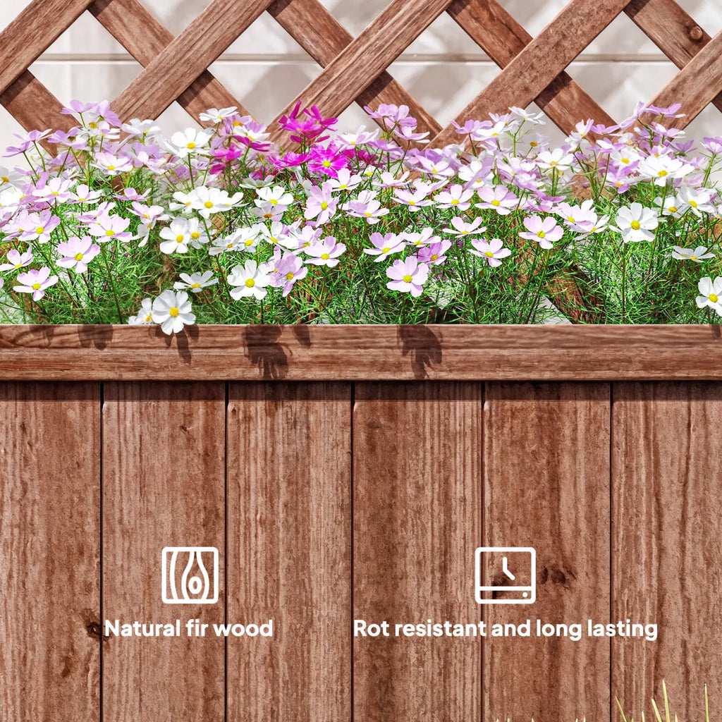 Wooden raised garden bed with lattice trellis filled with vibrant pink and white cosmos flowers