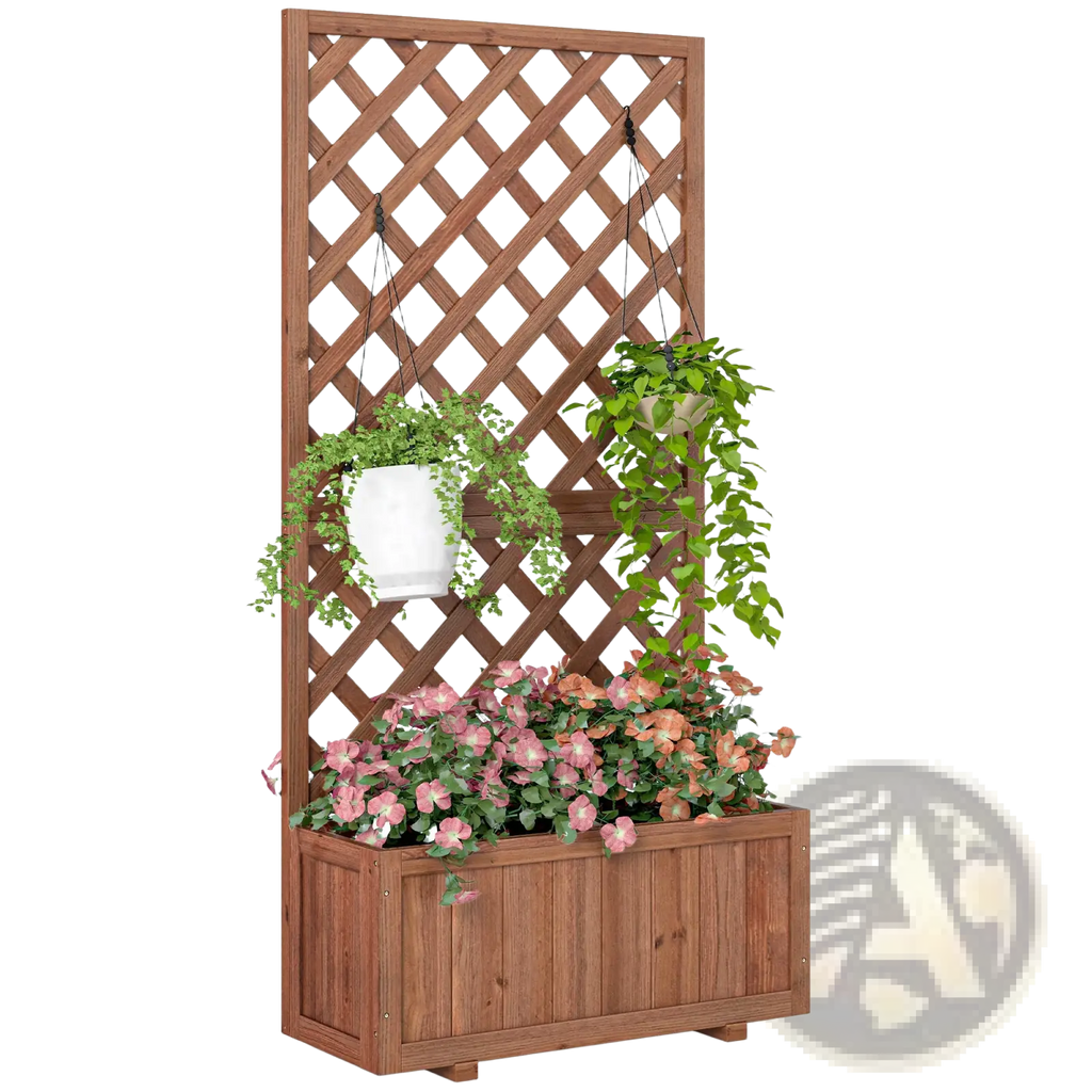 Wooden raised garden bed with brown wooden lattice trellis planter and lower box filled with pink flowering plants
