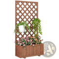Wooden raised garden bed with brown wooden lattice trellis planter and lower box filled with pink flowering plants
