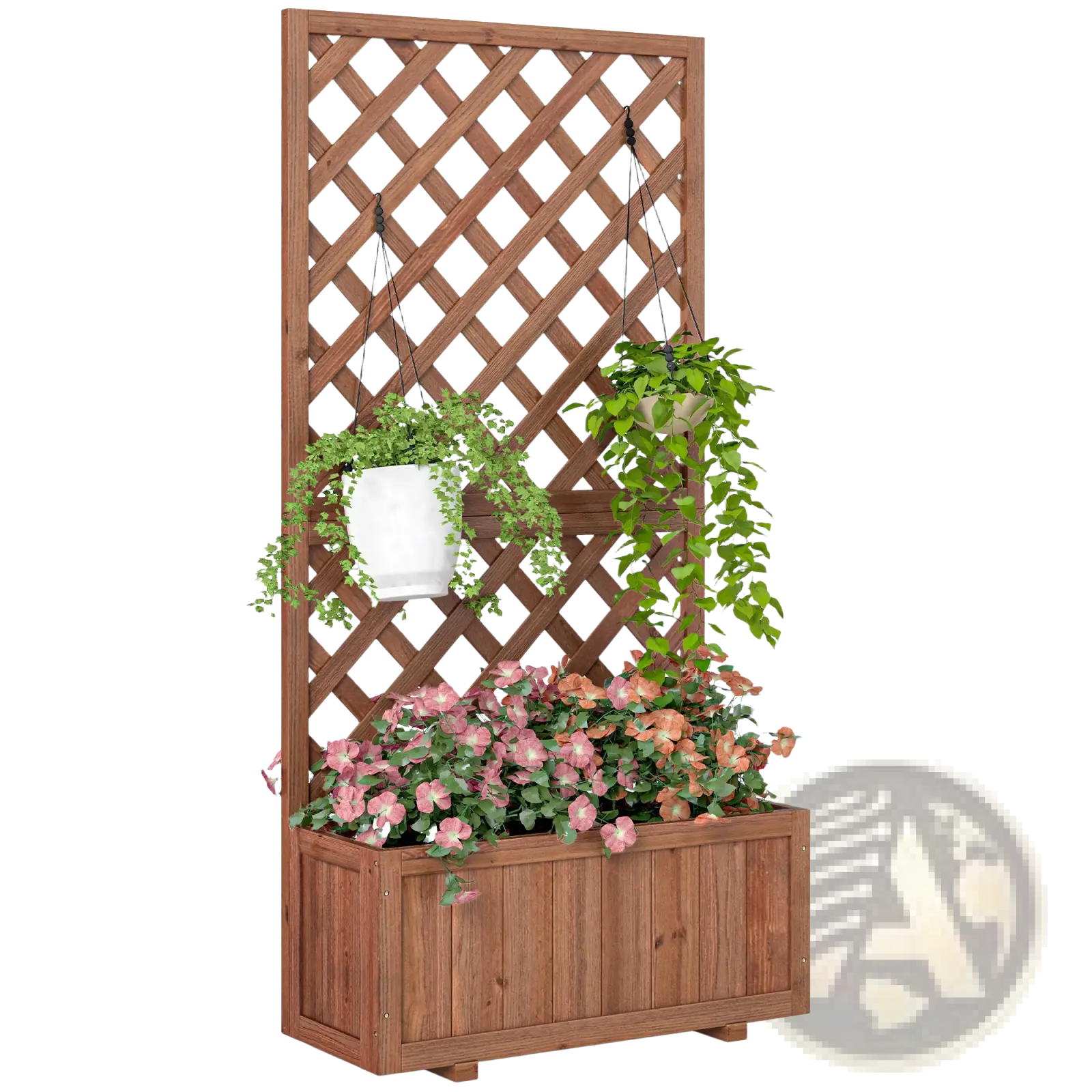 Wooden raised garden bed with brown wooden lattice trellis planter and lower box filled with pink flowering plants